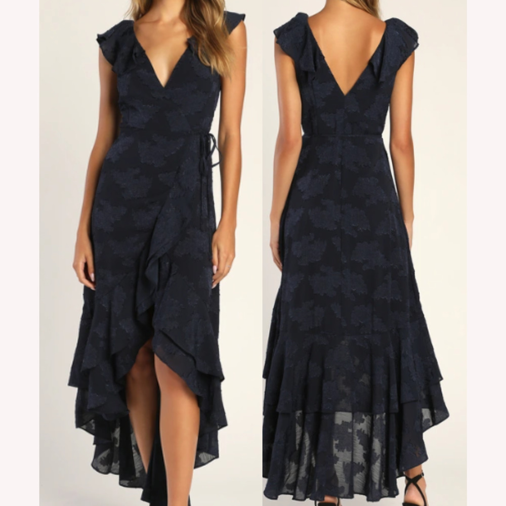 LULU'S SZ S Adorable Aura Navy Blue Floral Burnout High Low Wrap Dress NEW B92